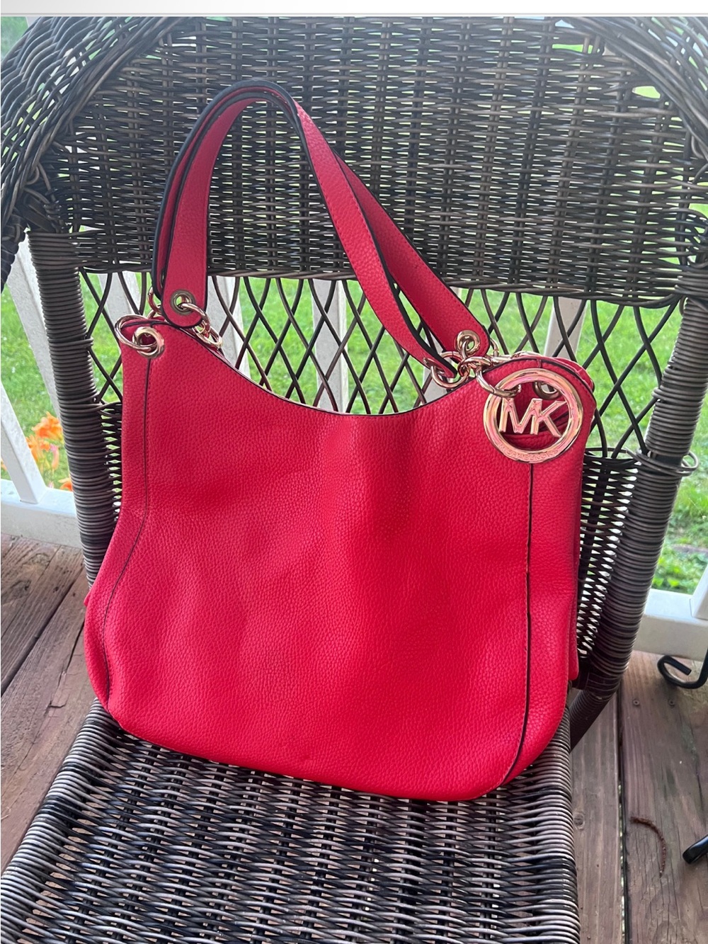 Michael Kors Red Pebbled Leather Hobo Shoulder Bag with Gold MK Charm
